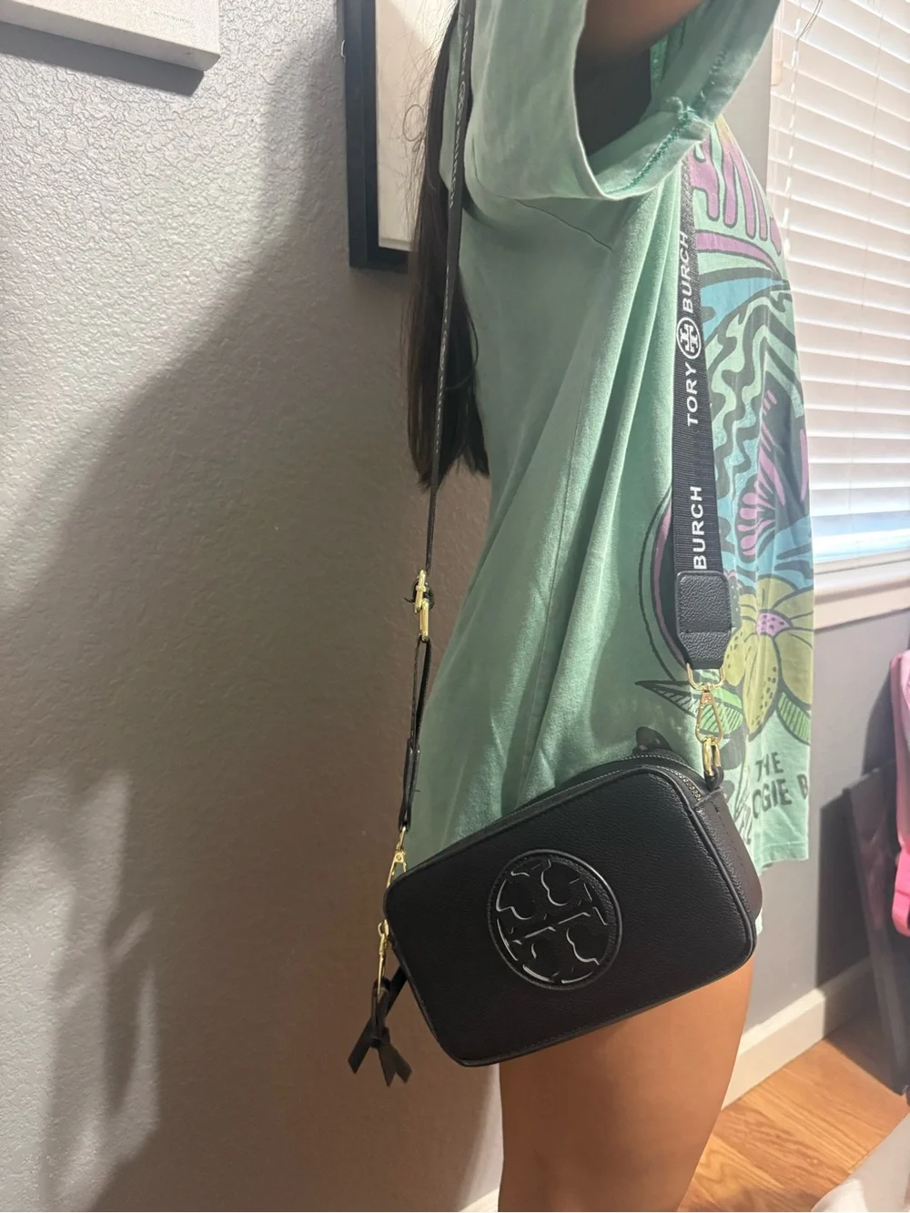 Tory Burch Black Pebbled Leather Camera Crossbody with Logo